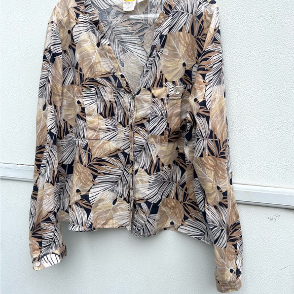 C&C California Linen Top Women XL Leaf Print Neutral Multi Button Front Resort - Picture 10 of 15